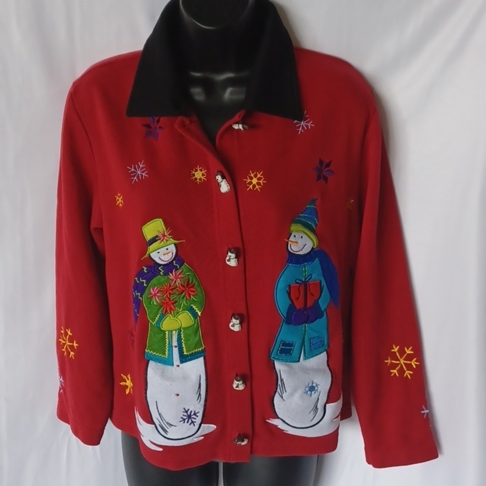 Onque medium cardigan ugly Christmas sweater snowman & snow woman